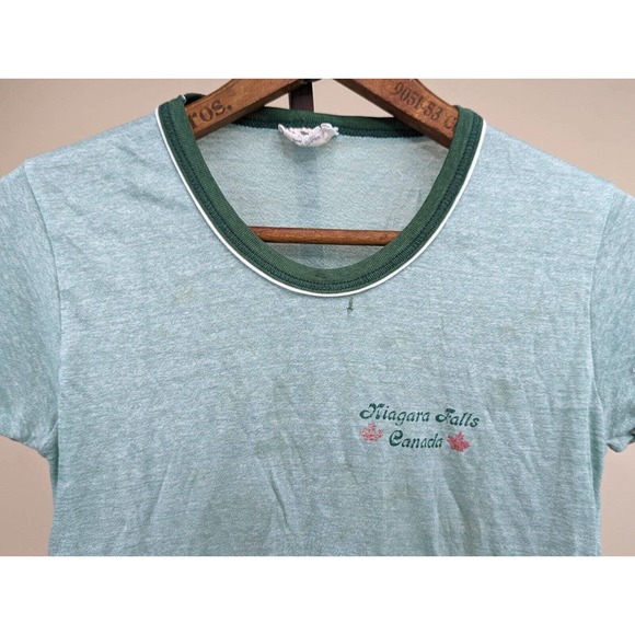 Vintage Sunburst Fashions Ringer T-Shirt Niagara Falls Canada Souvenir Green S M - Picture 3 of 8